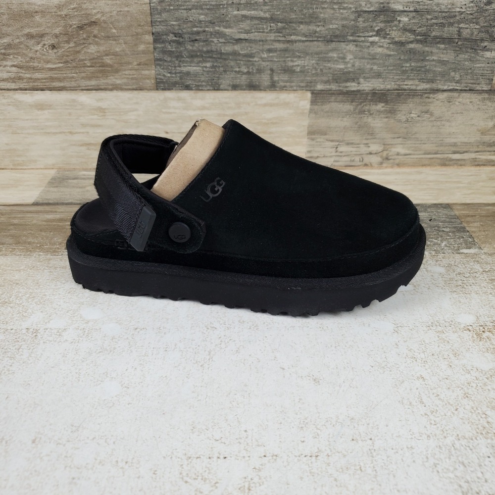 UGG Goldenstar Womens Clog Sz 6 B Black Velvety Suede Adjustable Swivel Heel